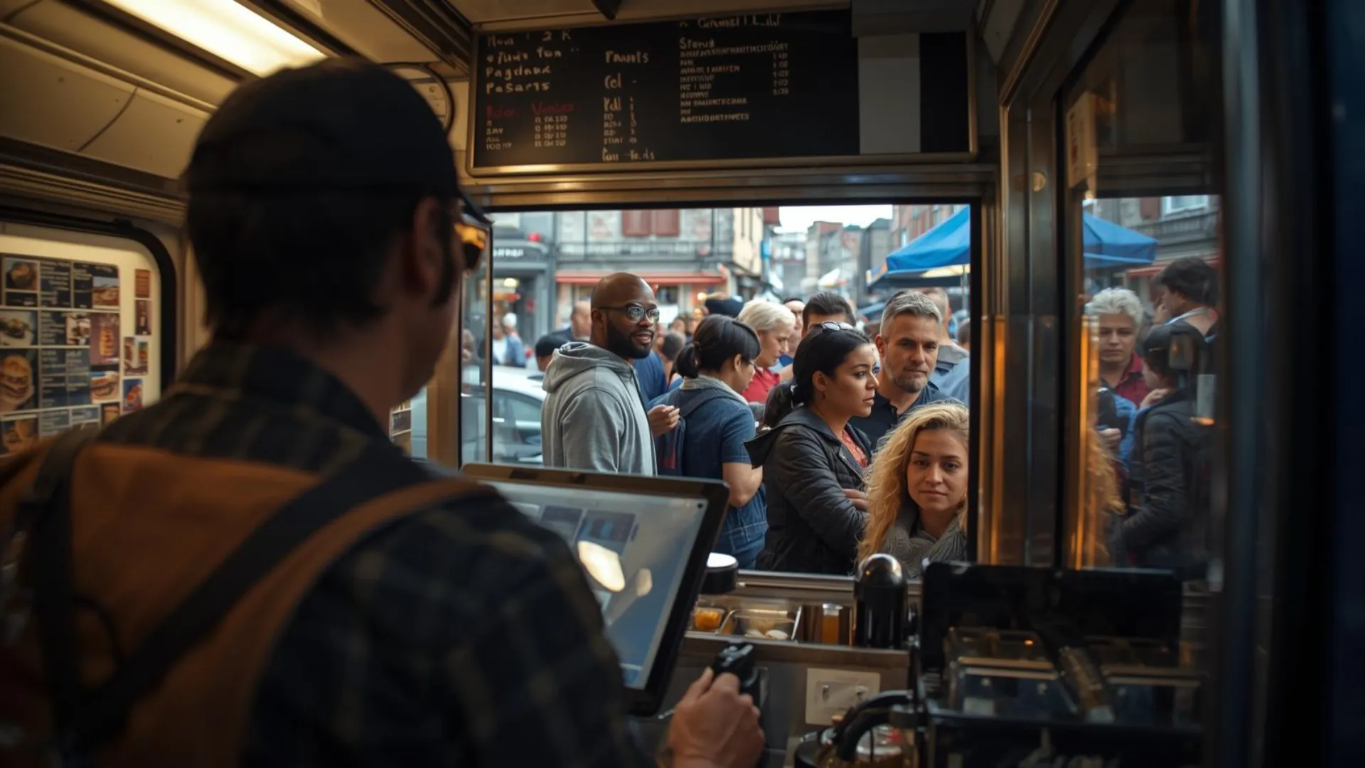 Food Truck worker inside a food truck taking orders