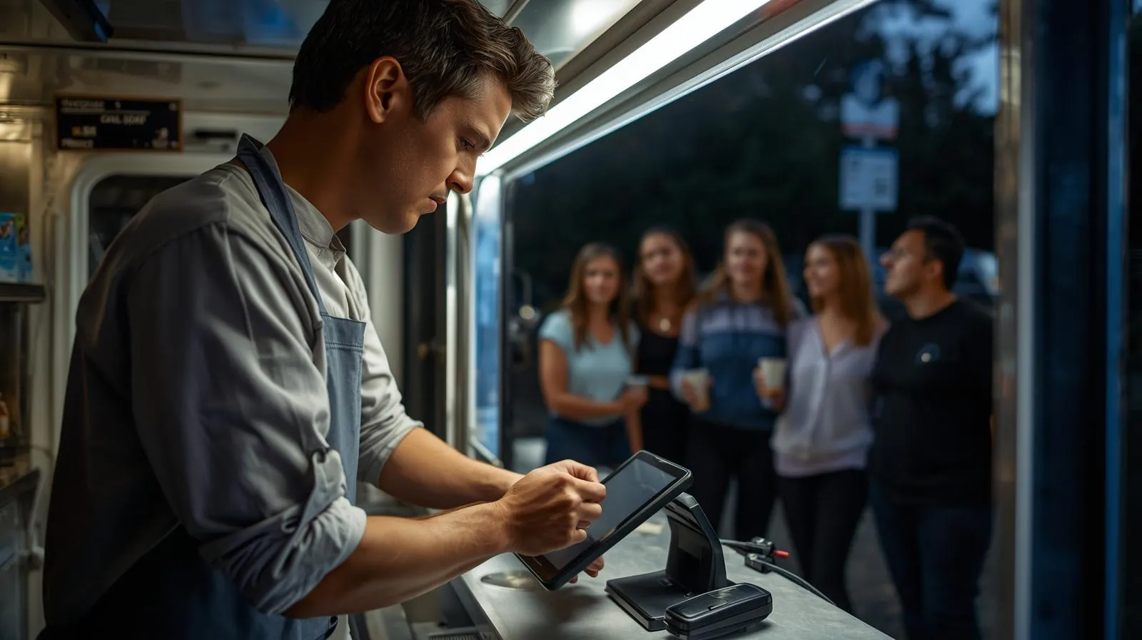 Worker taking Order inside Food Truck on POS Terminal