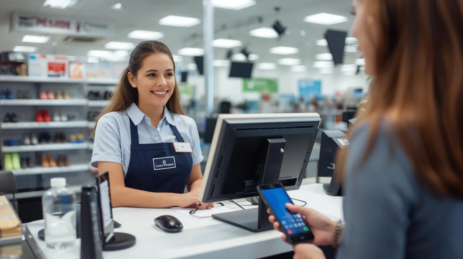 Supermarket staff working at checkout lanes